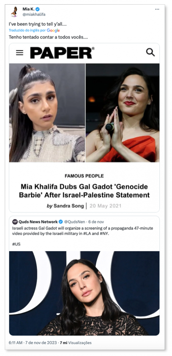 Mia Khalifa chama Gal Gadot de “Barbie genocida”