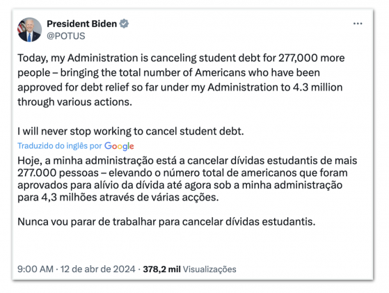 Biden perdoa US$ 7,4 bi em dívidas estudantis nos EUA