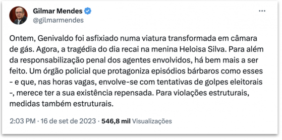 PRF deve ser “repensada”, diz Gilmar após morte de Heloísa