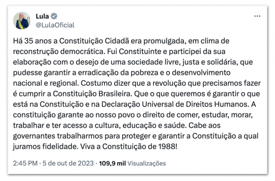 Lula diz que Constituição garante direitos e cobra sua proteção