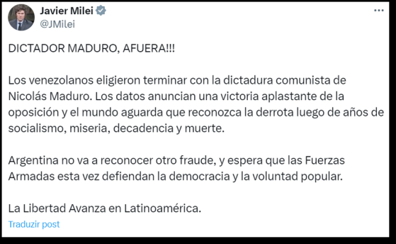 Milei e Boric dizem que não reconhecerão eleições na Venezuela