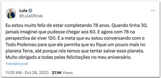 Lula agradece mensagens e pede a Deus para viver 120 anos