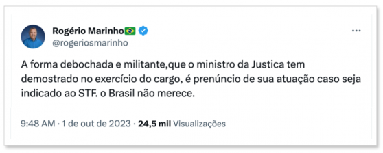 “Brasil não merece”, diz Marinho sobre indicação de Dino ao STF