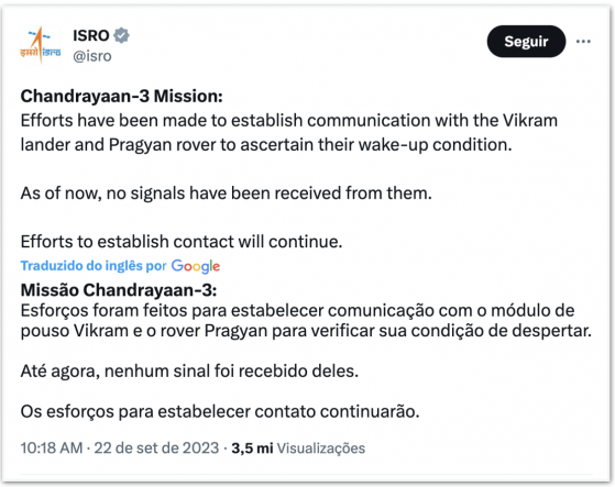 Agência indiana perde contato com sonda que pousou na Lua