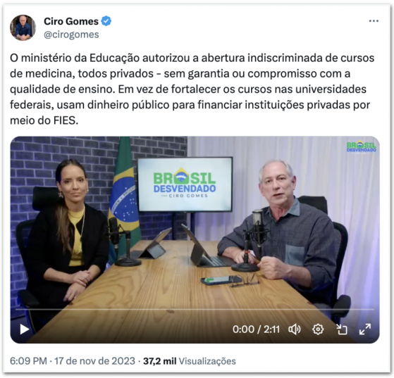 Ciro Gomes critica Camilo Santana pela liberação de cursos de medicina