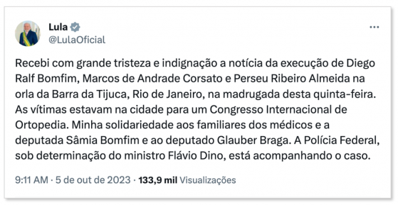 Lula e políticos se solidarizam com Sâmia Bomfim por morte de irmão
