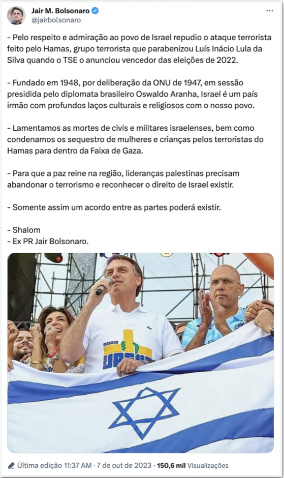 Bolsonaro repudia ataque a Israel e associa Hamas a Lula