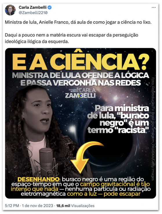 Aula de como jogar a ciência no lixo, diz Zambelli sobre Anielle