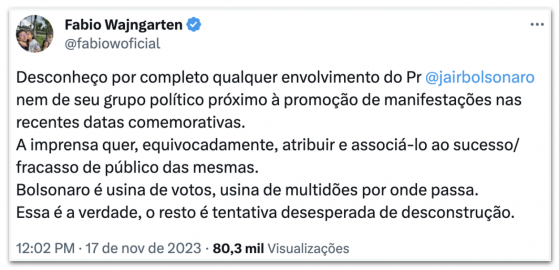 Wajngarten nega associação de Bolsonaro a atos contra Lula