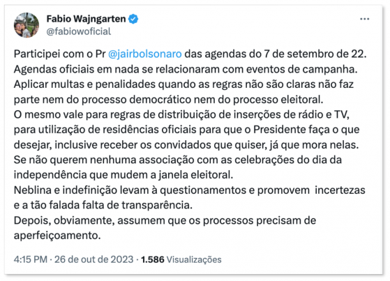 Bolsonaro não fez campanha no 7 de Setembro, diz Wajngarten