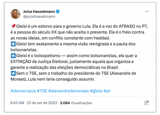 Sem o TSE, Lula nem assumiria, diz Joice em crítica a Gleisi