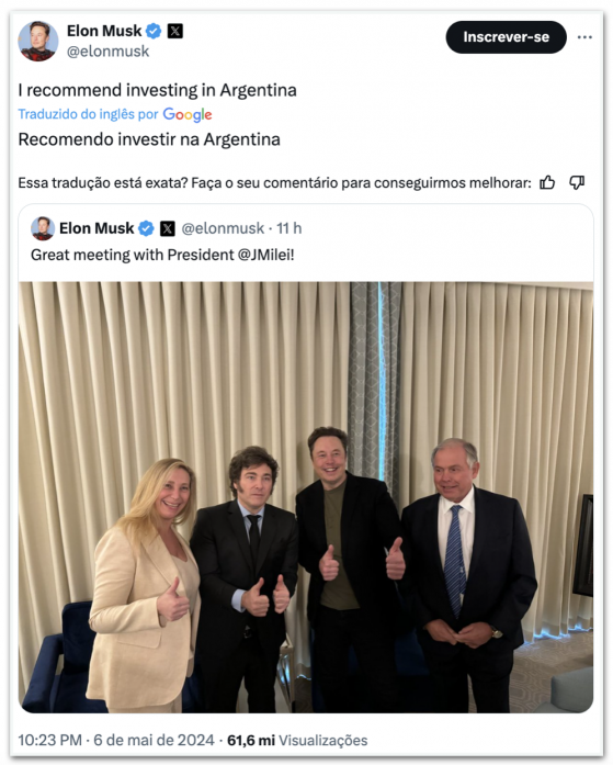 Musk recomenda investir na Argentina após encontro com Milei