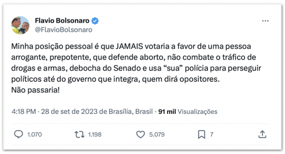 Flávio Bolsonaro diz que jamais votaria a favor de Dino no STF