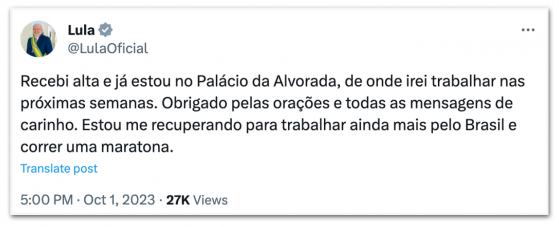 Lula e Janja agradecem apoio e orações após alta do presidente