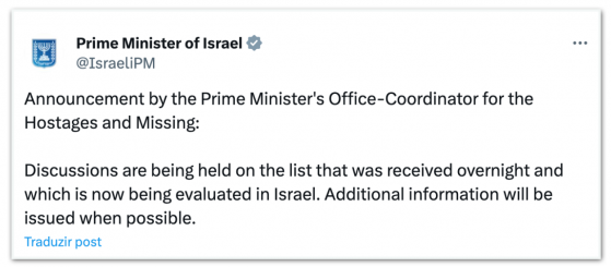 Israel diz avaliar lista de reféns a serem soltos pelo Hamas nesta 2ª