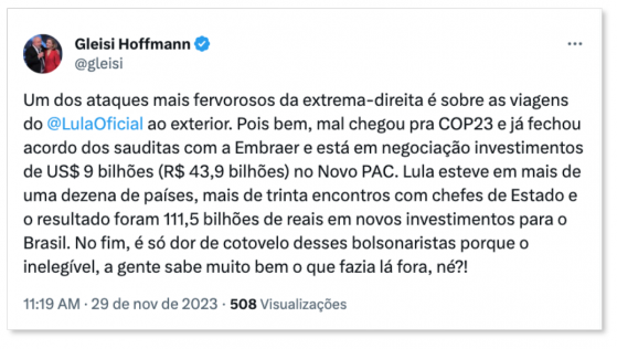 “Dor de cotovelo”, diz Gleisi sobre críticas a viagens de Lula