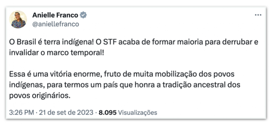 Governistas comemoram maioria no STF contra marco temporal