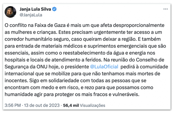 Janja pede acordo “urgentemente” por corredor humanitário em Gaza