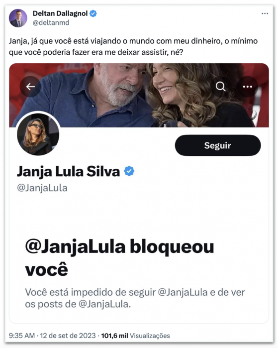 Viaja com meu dinheiro, diz Dallagnol após ser bloqueado por Janja