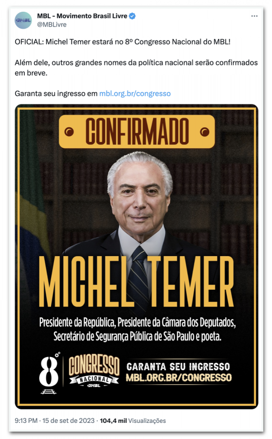 MBL chama Temer de “presidente e poeta” em anúncio de congresso