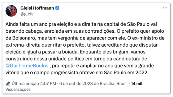 Enquanto direita briga, esquerda constrói, diz Gleisi sobre SP