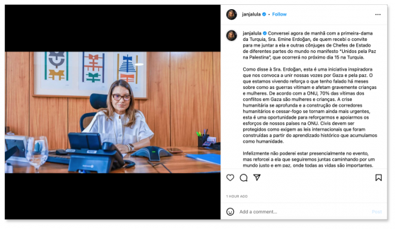 Janja é convidada para ato internacional pela paz na Palestina