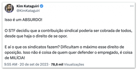 “Coisa de milícia”, diz Kim Kataguiri sobre contribuição sindical