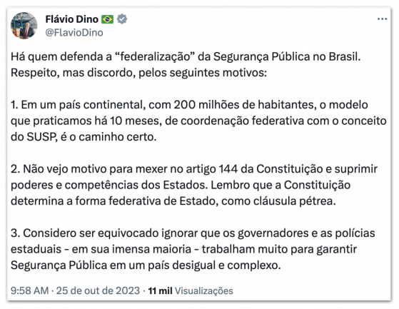 Dino é contra federalizar segurança por achar errado ignorar Estados