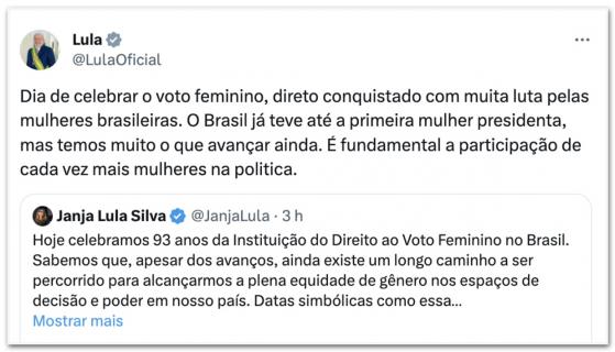 Participação feminina na política é fundamental, diz Lula