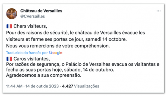 Palácio de Versalhes é esvaziado após ameaça de bomba