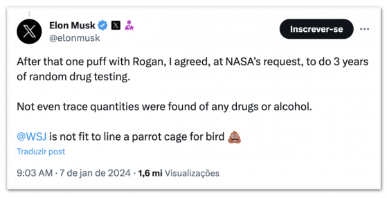 Musk nega ter usado drogas: “3 anos de testes sem vestígios”