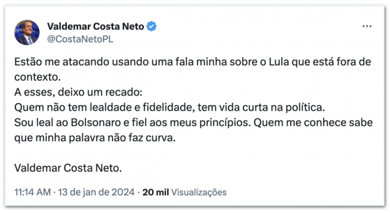 Valdemar se desculpa com Bolsonaro após elogios a Lula
