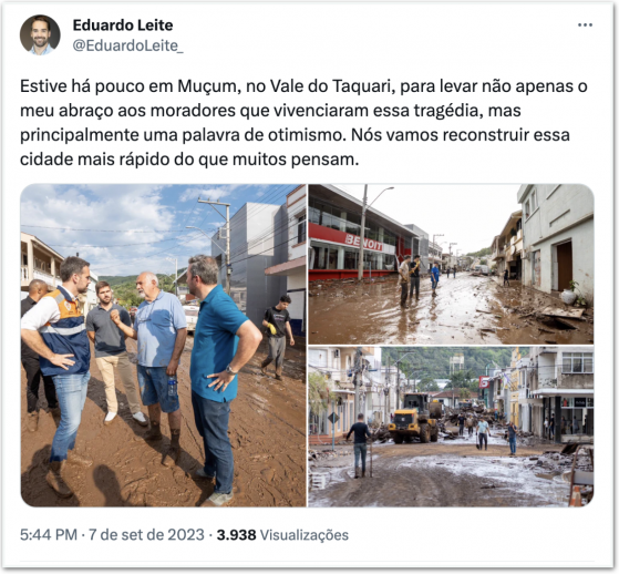 Leite visita Muçum e fala em reconstrução rápida após tragédia