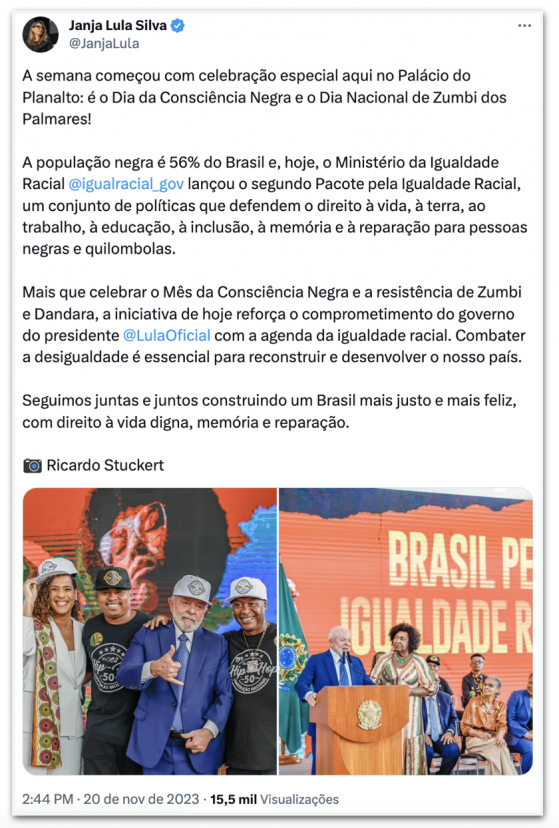 Janja usa boné de hip hop em evento do Dia da Consciência Negra