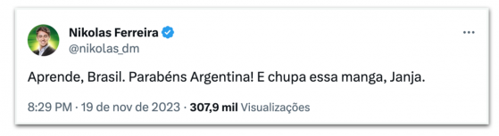 “Chupa essa manga, Janja”, diz Nikolas sobre eleição argentina