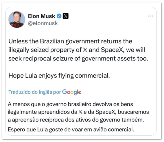 Musk ameaça bloquear ativos do governo brasileiro