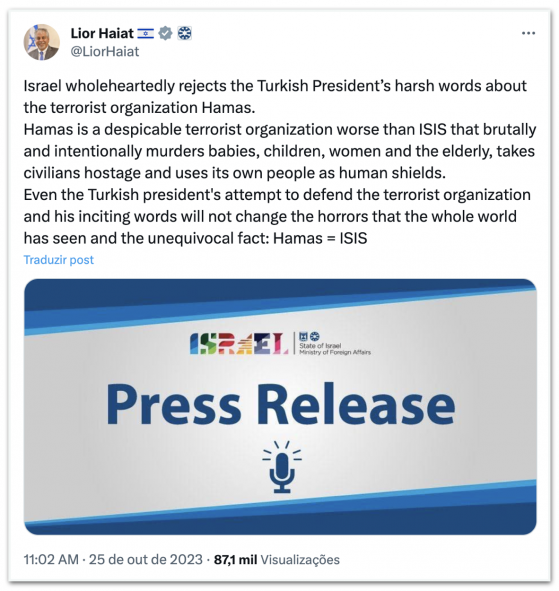 Presidente da Turquia chama Hamas de “grupo de libertação”