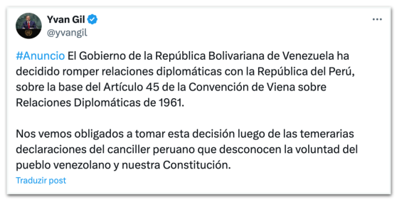 Venezuela rompe relações diplomáticas com o Peru