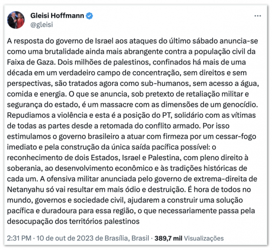 Gleisi nega ter se encontrado com qualquer integrante do Hamas