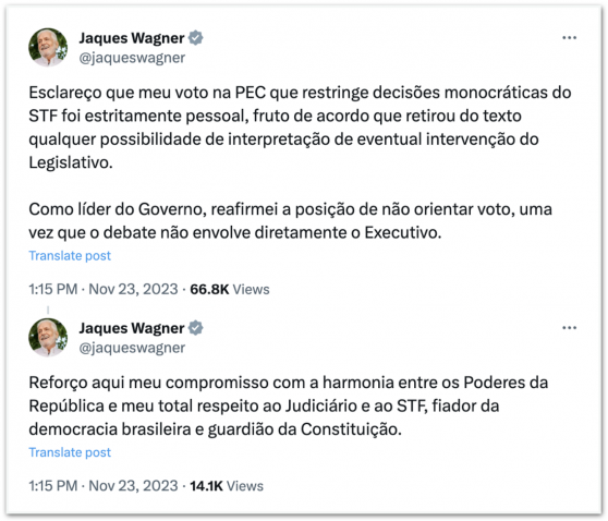 Voto a favor de PEC foi estritamente pessoal, diz Jaques Wagner