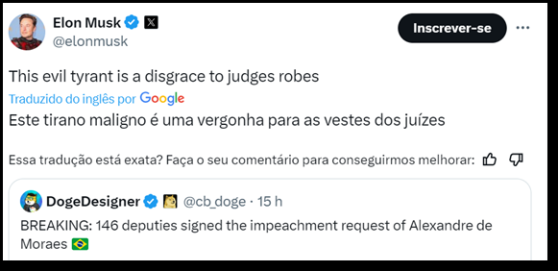 Musk chama Moraes de “tirano maligno” ao postar sobre impeachment