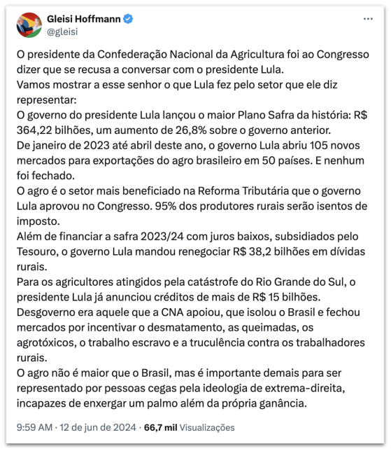 “Agro não é maior que o Brasil”, diz Gleisi ao presidente da CNA