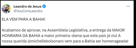 Assembleia da Bahia aprova homenagem a Michelle Bolsonaro