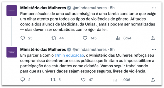 Ministério das Mulheres diz que atitude de alunos de medicina da Unisa em  jogo deve ser 'combatida com rigor da lei', São Paulo