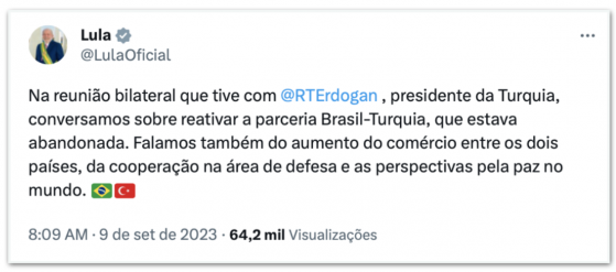 Lula se encontra com Erdogan durante Cúpula do G20