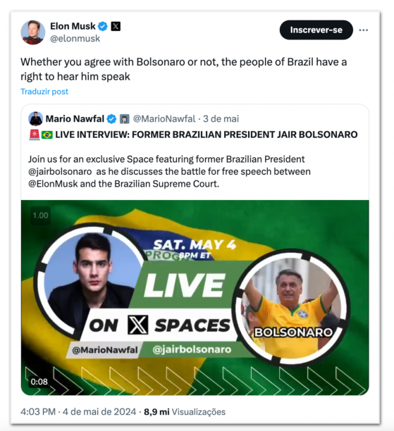 Brasileiros têm o direito de ouvir Bolsonaro falar, diz Musk