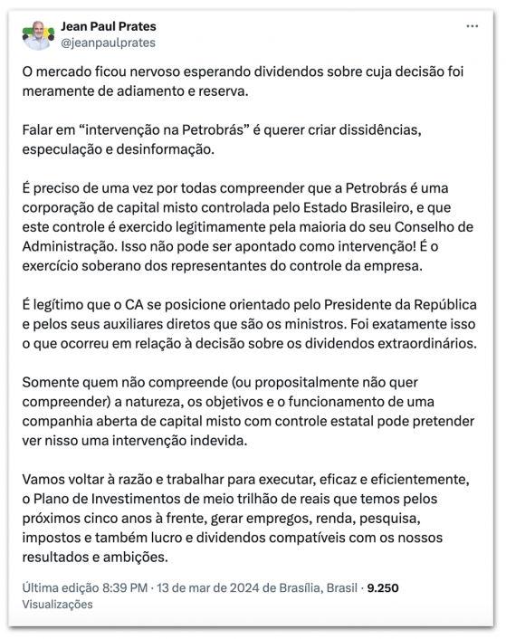 Prates nega intervencionismo na Petrobras em debate sobre dividendos