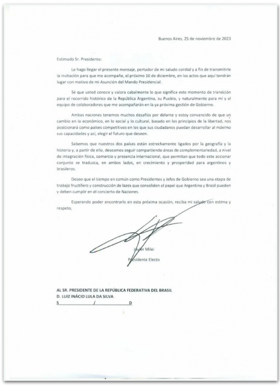 Em carta, Milei convida Lula para posse e fala em construir “laços”