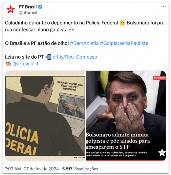 Bolsonaro ficou “caladinho” na PF e foi para rua “confessar” golpe, diz PT