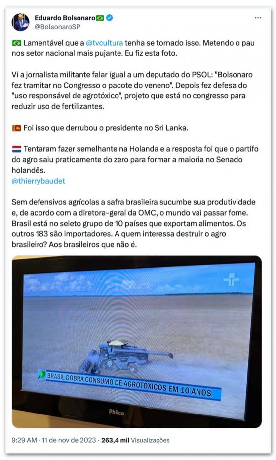 Eduardo critica “TV Cultura” por reportagem sobre agrotóxicos Por Poder360